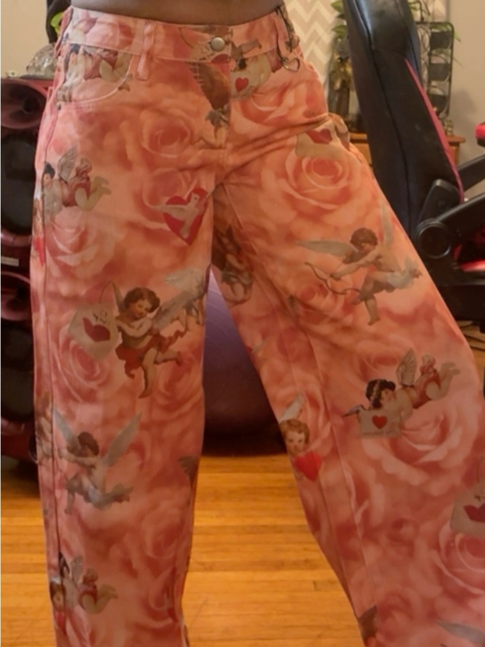 Women’s Pink Cherub Print Wide-Leg Jeans